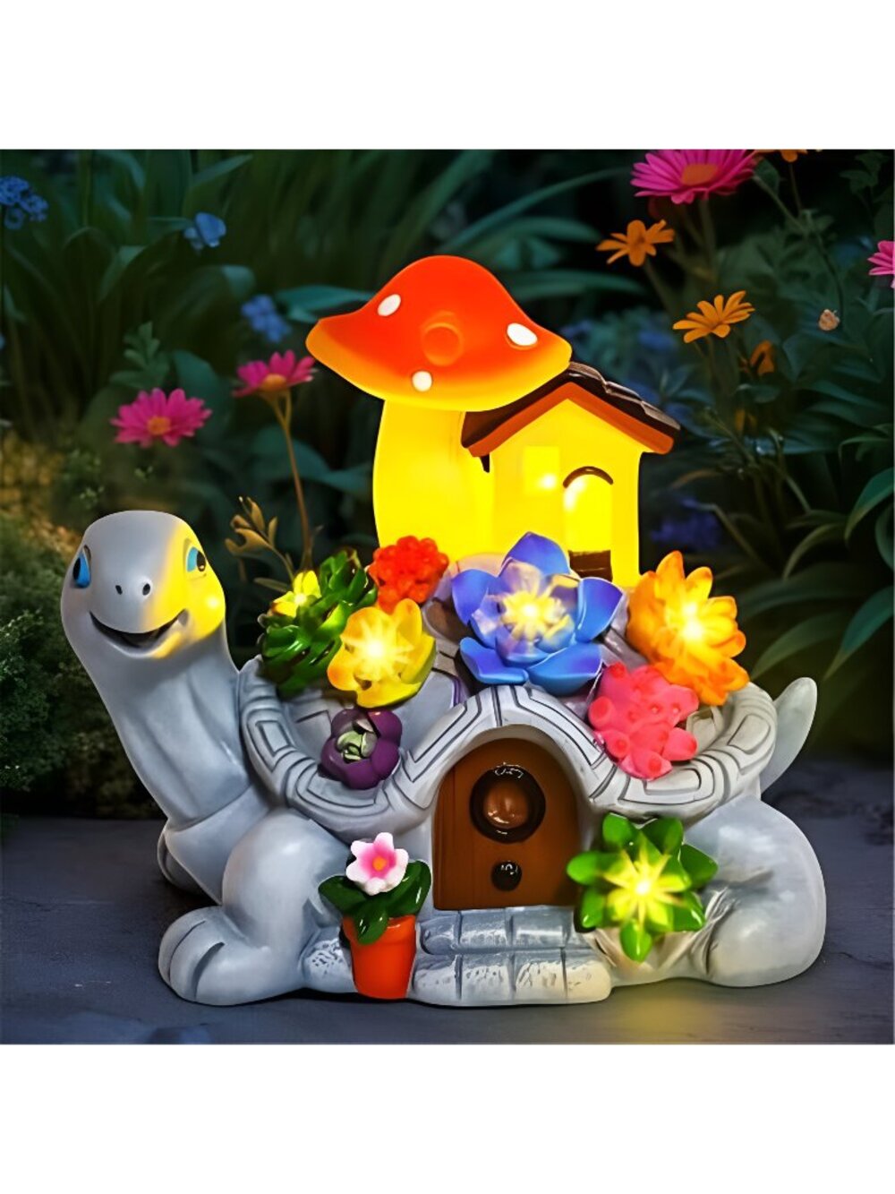 Solar Garden Decor Turtle with Succulent and 7 LED Lights